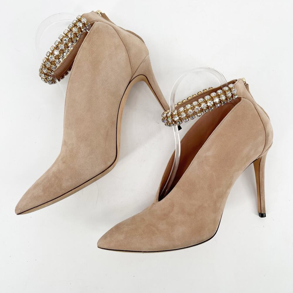 Jimmy Choo Beige Suede Lux 100 Crystal Vamp Pointed Toe Bootie Heels IT 40 - Picture 4 of 13